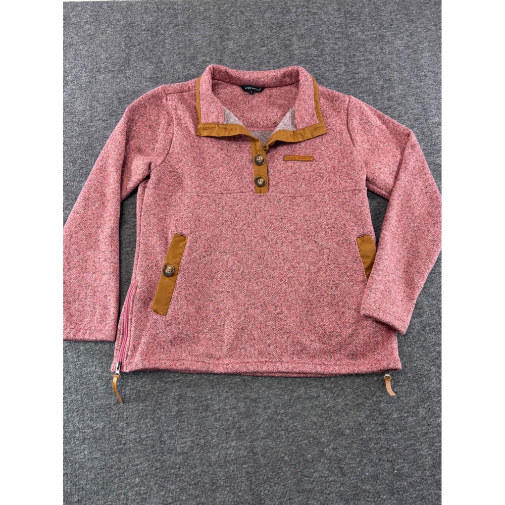 Simply Southern Pink‎ Herringbone Quarter Button Pullover Fleece Jacket Womens L